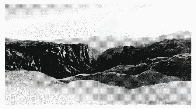 Vintage mountain landscape engraving, antique canyon valley illustration, black and white panoramic mountain range vector for historical projects