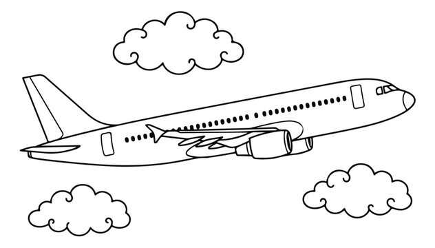Airplane coloring page vector illustration, commercial jet flying in sky with clouds, outline drawing of passenger aircraft for kids activity
