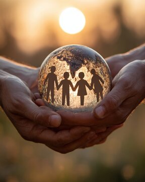 Family holding globe together, global unity and future concept