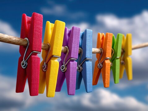 Colorful plastic clothes pegs hanging on a rope against a blue sky.