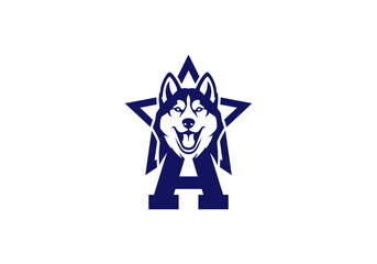 Blue husky mascot logo with letter A and star © Asri