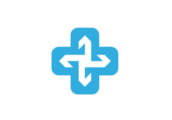 Fototapeta premium Blue medical cross icon with geometric arrows on white background