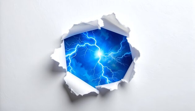 Torn white paper revealing lightning in a blue sky