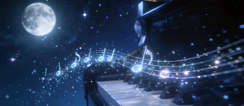 Magical Moonlit Melody on a Piano Keyboard with Glowing Musical Notes