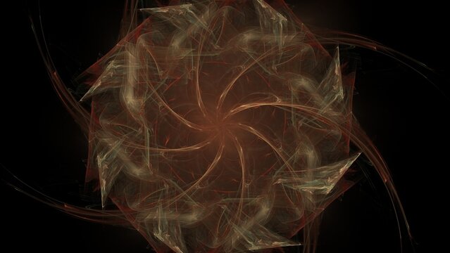 Intricate symmetrical fractal star in glowing red orange and beige tones with delicate flowing ethereal lines forms complex pattern on black background.
