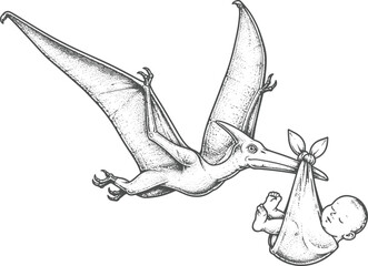 Vintage Pterodactyl Delivering Baby Engraving Illustration © Sharif54