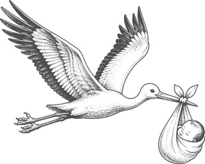 Vintage Pterodactyl Delivering Baby Engraving Illustration © Sharif54