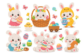 Fototapeta premium Adorable Easter Bunny Vector Set Featuring Cute Cartoon Rabbits with Colorful Painted Eggs, Spring Flowers, a Basket, and a Chick. Perfect for Holiday Greeting Cards, Stickers, and Decorations.
