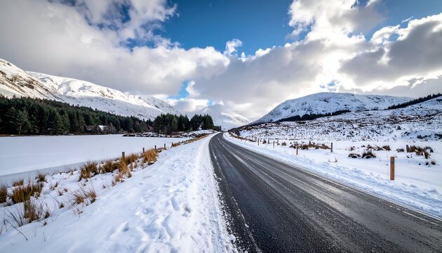 Snowy road curves through a winter landscape with mountains and icy lake