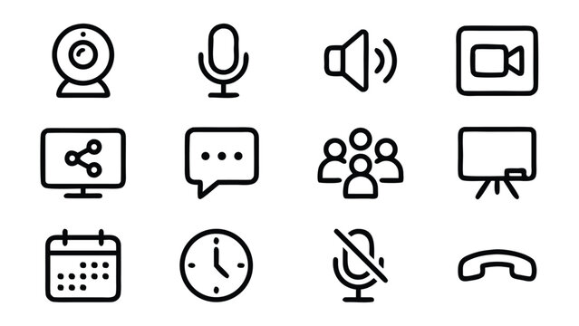 Set of 12 Minimalist Video Conferencing and Online Meeting Line Icons with Uniform Stroke Width; Features Webcam, Microphone, Speaker, Screen Share, Chat, Participants, Whiteboard, and Calendar.
