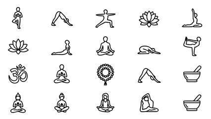 Naklejka premium Comprehensive collection of 20 minimalist yoga poses and meditation line icons, including asanas, lotus flowers, Om symbols, and Buddha figures, perfect for wellness, health, and zen branding.