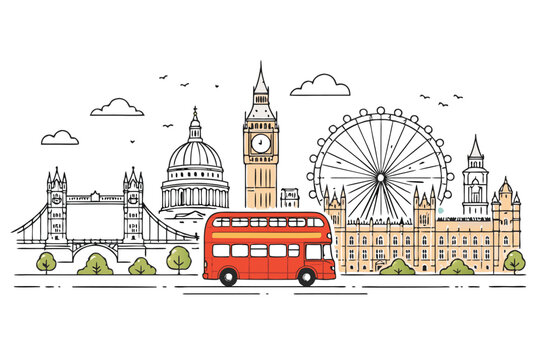 London Cityscape Line Art Illustration Featuring Iconic Landmarks like Tower Bridge, Big Ben, London Eye, and St. Paul's Cathedral with a Classic Red Double-Decker Bus in a Flat Vector Style.