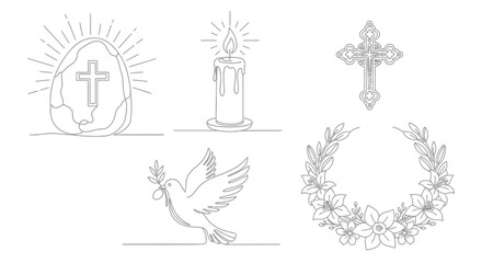 Fototapeta premium Christian Easter Symbols Outline: Egg, Cross, Candle, Dove, Wreath
