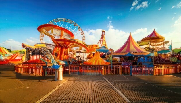 Vibrant Amusement Park Rides Under a Bright Blue Sky.
