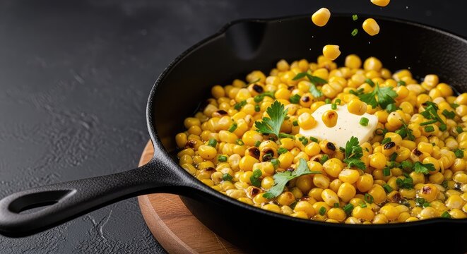 Golden yellow sweet corn kernels are being saut&eacute;ed in a rustic cast iron skillet, glistening with melted butter and fresh green herbs, appetizer, fresh, dish