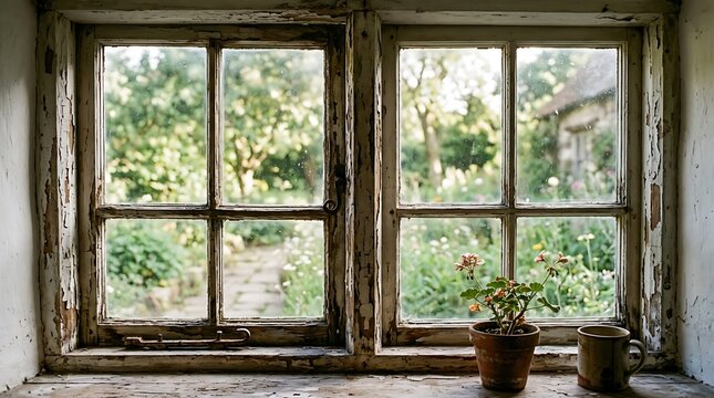 Old wooden window frames looking out onto a lush green garden with potted plants on the sill.