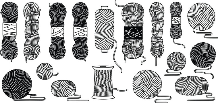 Black yarn ball and skein vector set with thread spools, wool bundles, and knitting craft supplies