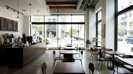 Fototapeta premium Spacious and contemporary coffee shop interior with natural light, showcasing a clean design and a view of the urban street outside