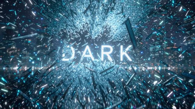 A nighttime scene shows words emerging from a broken texture. Light reflects off surfaces. The visual features bold letters creating a sense of movement and energy.