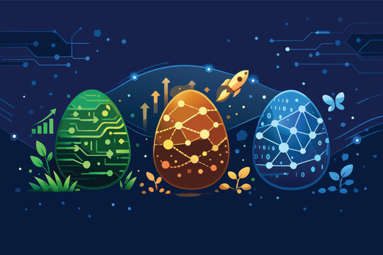 Happy Easter Technology Greeting Card with Digital Easter Eggs Featuring Circuitry, Network Nodes, and Binary Code, Representing Growth, Innovation, and New Beginnings in a Futuristic Tech Style.