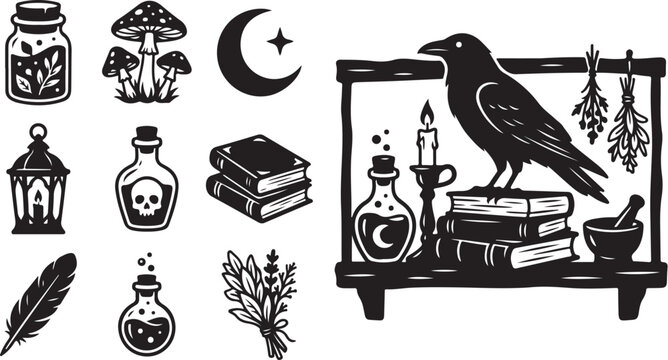 Mystical witchcraft symbols and crow on shelf illustration