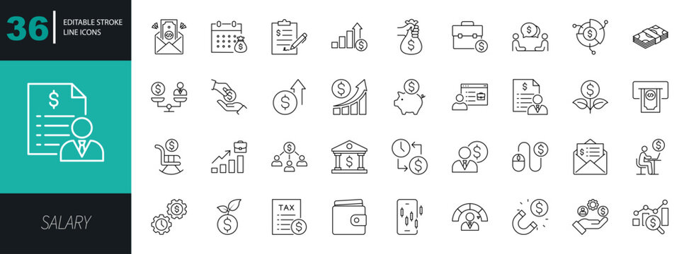 Salary icon set. covering payroll, wages, income, compensation, bonuses, raises, analytics, overtime, payslips, and approval reports. Editable line icons. Vector illustration.