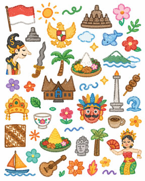 Collection of Indonesian Cultural Symbols and Landmarks in a Cute Doodle Style.