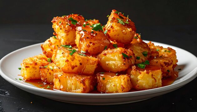 Stack of golden brown, cubed potatoes glazed and garnished on a white plate