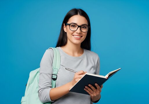 Happy young female student wearing glasses holding an open book with a cheerful smile against a bright blue gradient background perfect for educational marketing content and motivational lifestyle