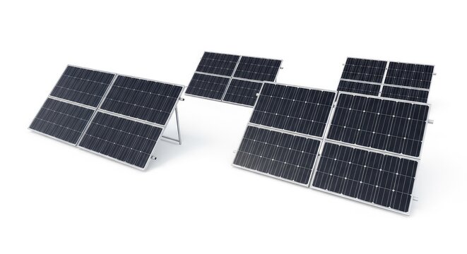 Sleek black solar panels presented on a clean white background representing sustainable development and modern renewable energy solutions, conservation, silicon, system