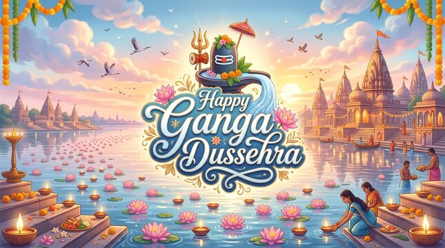 Happy Ganga Dussehra festival vector illustration with holy river Ganges, Lord Shiva Lingam, traditional temples, and devotees offering lit oil lamps and lotus flowers.