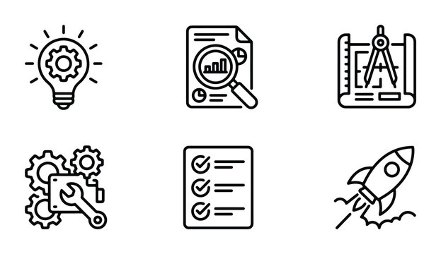 Business Strategy Icons: Idea, Analytics, Planning, Development, Checklist, Launch