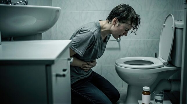 Woman suffering from food poisoning in bathroom. Girl experiencing nausea, stomach pain and vomiting. Escherichia coli infection symptom. Healthcare, medical illness and sickness concept.