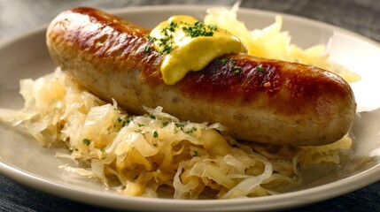 Fototapeta premium A grilled sausage topped with mustard on a bed of sauerkraut. Garnished with a drizzle and served on a light plate