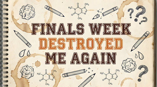 Distressed Retro Typography Illustration Capturing the Overwhelming Strain and Exhaustion of Finals Week, Featuring Hand-Drawn Crumpled Notes, Broken Pencils, and Coffee Stains