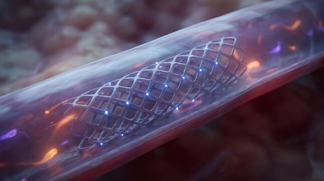 Vascular stent navigating human artery. Cardiovascular angioplasty, medical technology concept