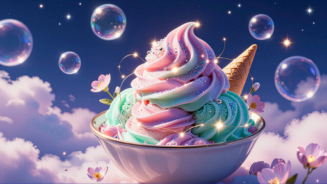 Whimsical Pastel Ice Cream Dream with Bubbles and Sparkle
