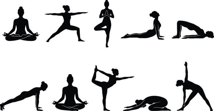 Silhouette yoga poses, meditation and balance illustration, fitness exercise vector, mindfulness practice art, flexibility design, spiritual wellness graphics set
