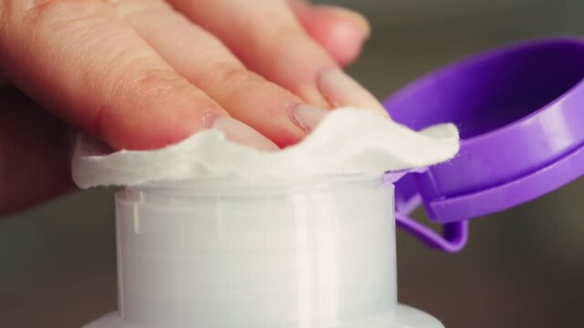 Close-up of hand pressing dispenser bottle and liquid nail polish remover coming out onto a cotton pad. Manicure routine, nail care, beauty treatment and personal hygiene concept. High quality 4k