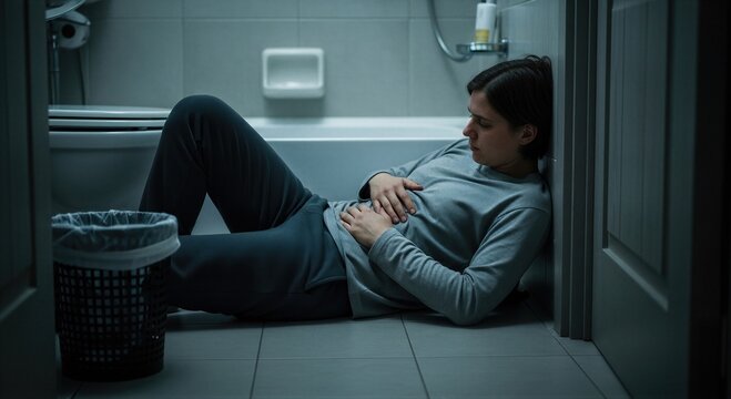 Woman suffering from severe food poisoning lying on bathroom floor cramping. Concept of stomach pain, E. coli infection, nausea and digestive health issue. Unwell patient feeling sick at home.
