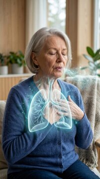 Senior woman doing breathing exercise with glowing lung visualization. Deep breath concept for respiratory health awareness. Medical wellness illustration of human anatomy and lung function.
