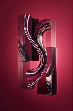 Sculpture composed of undulating metallic ribbons twists through transparent rectangular blocks. Reflective surfaces catch pink hues against a deep magenta backdrop under soft directional light.
