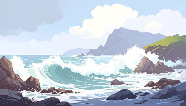 荒波が打ち寄せる岩肌の海岸線イラスト
