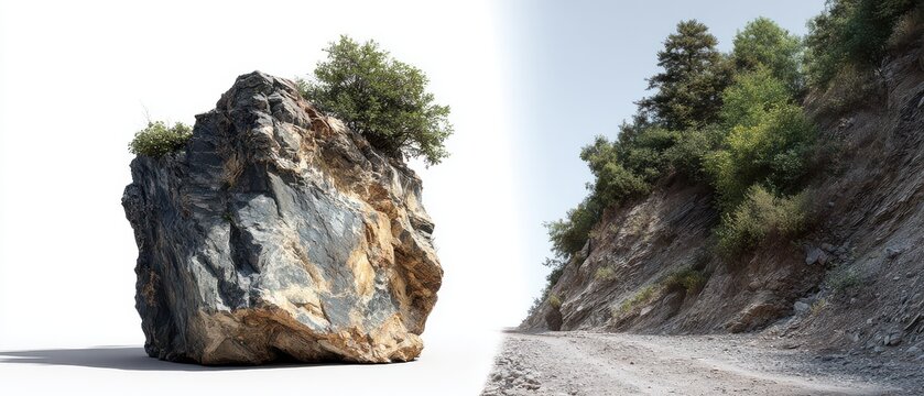 Boulder on White Background and Mountain Dirt Road Split View