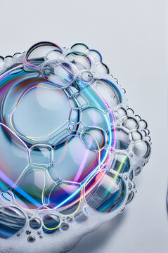 Soap bubbles form iridescent clusters on a neutral surface under bright studio illumination, displaying swirling rainbow patterns and thin translucent membranes across organic shapes.