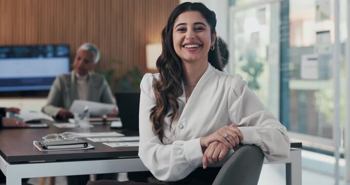 Face, business or woman with laugh in meeting, legal representative service or case management career. Portrait, professional or lawyer with confidence for lawsuit advice, smile or justice advocate