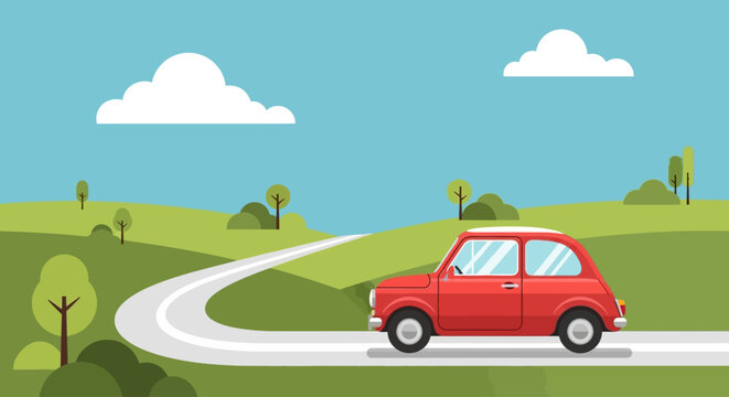 A red car drives on a rural road in transit on a sunny day