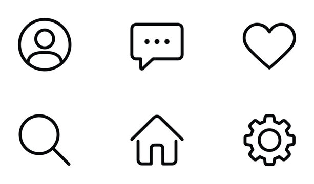Minimalist Social Media Icon Set: Profile, Chat, Like, Search, Home, Settings, Vector Graphics