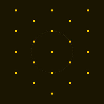 Symmetrical pattern of yellow hexagons arranged in a circular grid on a dark minimalist background illustration