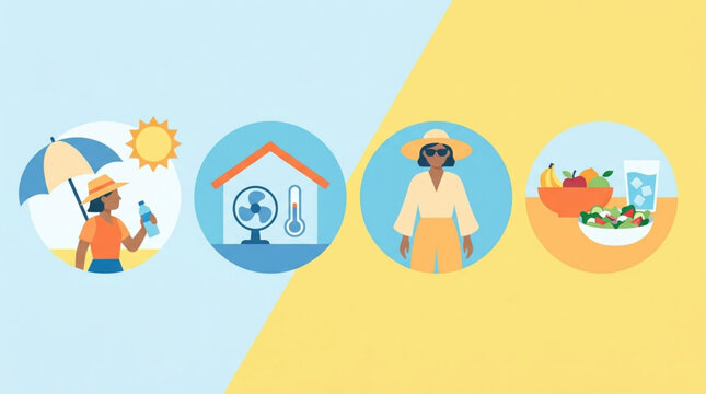 Collection of illustrations depicting ways to stay cool and hydrated during hot summer weather, including sun protection and indoor comfort methods